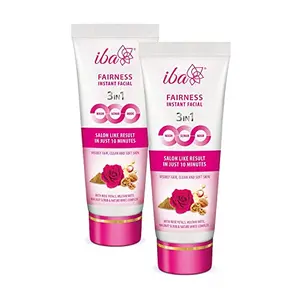 Iba 3in1 Wash Scrub Mask Fairness Instant Facial 100g (Pack of 2) with Rose Petals Multani Mitti & Walnut For Scrub Removes Tan Fairness & Brightens Skin Gives Instant Glow