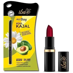 Iba Halal Care Pure Lips Moisturizing Lipstick Shade - A65 Ruby Touch 4g and Halal Care All Day Kohl Kajal - Jet Black 0.35g (Cream Finish)