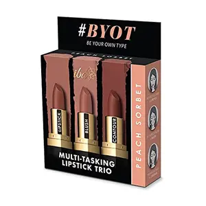 Iba Multi-Tasking Lipstick Trio - Peach Sorbet Lipstick Blush Contour Brown Matte 12g (Pack of 1)