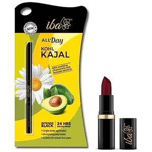 Iba Halal Care Pure Lips Moisturizing Cream Finish Lipstick Shade - A72 Maroon Burst 4g and Halal Care All Day Kohl Kajal with Matte Finish - Jet Black 0.35g