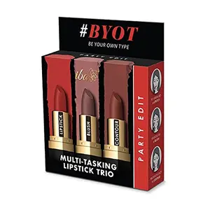 Iba Multi-Tasking Lipstick Trio - Party Edit Lipstick Blush Contour Brown Matte 12g (Pack of 1)