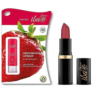 Iba Halal Care Pure Lips Moisturizing Lipstick Shade A85 Pink Nectar 4g & Iba Halal Care Moisture Rich Lip Balm - Strawberry 4.5 g