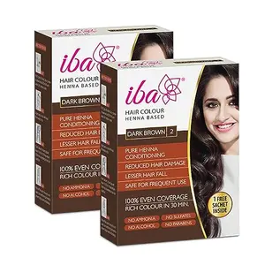 Iba Hair Colour - Dark Brown 70g (Pack of 2) | 100% Pure Henna Based Powder Sachet | Naturally Coloured Hair & Long Lasting | Conditioning | Reduced Hair fall & Hair Damage | Shine & Nourish Hair | Paraben Chemical Ammonia & Sulphate Free Formula