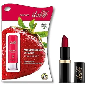 Iba Halal Care Pure Lips Moisturizing Lipstick Shade A65 Ruby Touch 4g & Iba Halal Care Moisture Rich Lip Balm - Strawberry 4.5 g
