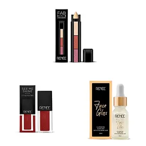 RENEE Fab 3 in 1 Eyeshadow Enriched &RENEE Lip Gloss 4&RENEE Face Gloss Illuminating Glass Skin With Hyaluronic Nourishes And Brightens Skin Lightweight Non Greasy Face Serum 10ml