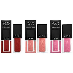 RENEE Lip Gloss 1. Pink Pow-Wow (Glossy) & RENEE Lip Gloss 2. Pucker Up Peach (Glossy) & RENEE Lip Gloss 4. It's Bloody Red (Glossy)