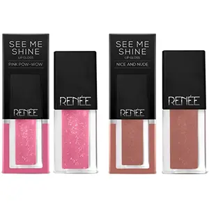 RENEE See Me Shine Lip Gloss For All Skin Tone Enriched with Jojoba Oil Non Sticky Hydrating Easy Glide Formula Pink Pow-Wow 2.5ml & RENEE See Me Shine Lip Gloss - Nice and Nude 2.5ml