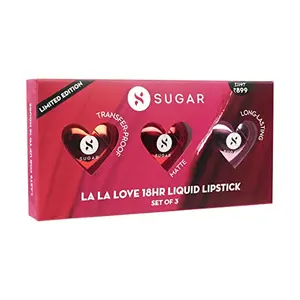 SUGAR Cosmetics La La Love 18HR Liquid Lipstick Set Transfer-proof Water-proof Long-lasting & Matte Finish (Pack of 3) | Gift Set | Premium Gift Kit | Lipstick Set | Makeup Kit