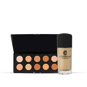 COLORESSENCE HD Makeup Base Contour Highlight Palette 12 Hour Stay Satin Finish Waterproof Concealer Smudge Proof Formula10 Shades - With Free Liquid Foundation (Medium Beige 30ml)