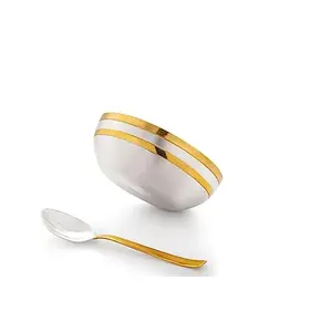 Dynore Stainless Steel Gold & Silver Plated Halwa Bowl with Spoon Set/Pudding Set/Dessert Serving Set (1 Bowl & 1 Spoon) 350 ml