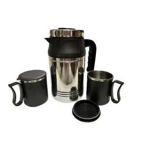 Dynore Stainless Steel 800 ml of Thermos with 2 Black Travel Mug- Set of 3