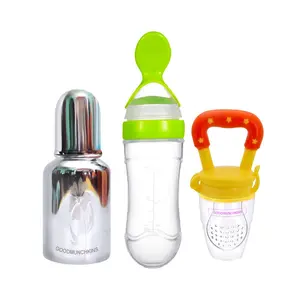 GOODMUNCHKINS Stainless Steel Feeding Bottle Food Feeder & Fruit Feeder for Baby/Infants-304 SS-No Joints-Anti Colic Silicon Nipple-Food Grade Silicon Feeder BPA Free Pack 3 (Green-Yellow 150)