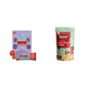 Timios Berry Bar Healthy Snack Natural Energy Food Product Ready to Eat for Toddlers - 4+ Years (Pack of 8) & Timios Organic No Maida Millet Pancake Mix-Apple with Cocoa150gm
