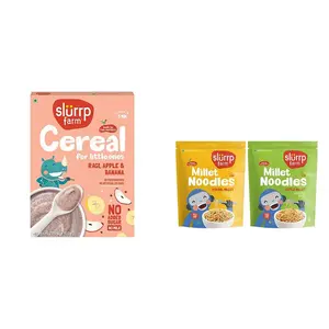 Slurrp Farm Ragi & Apple Cereal with No Sugar | Real Apple & Banana| 200g & Slurrp Farm No Maida Millet Noodles | Pack of 2-192g Each