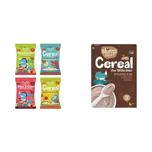 Slurrp Farm No Sugar No Salt First Foods Cereal Trial Pack Combo | | Made with Ragi Oats Jowar Real Fruits Vegetables Dals| 50 g*4 & Slurrp Farm Sprouted Ragi Powder | 250g