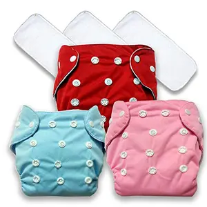 GOODMUNCHKINS Adjustable Cotton Pocket Diapers & Reusable Baby Washable Cloth Diaper Nappies with Wet-Free Inserts for Babies/Infants/Toddlers - 0-12 Months (3 Diaper + 3 Insert)