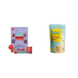 Timios Berry Bar Healthy Snack Natural Energy Food Product Ready to Eat for Toddlers - 4+ Years (Pack of 8) & Timios Organic No Maida Millet Pancake Mix-Banana with Vanilla150gms(Pack of 1)