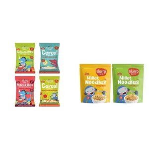 Slurrp Farm No Sugar No Salt First Foods Cereal Trial Pack Combo | | Made with Ragi Oats Jowar Real Fruits Vegetables Dals| 50 g*4 & Slurrp Farm No Maida Millet Noodles | Pack of 2-192g Each