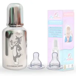 Goodmunchkins Stainless Steel Baby Feeding Bottle 304 Grade Steel with Anti Colic Silicone Nipple Joint Less No Leakage & Rust with 2 Extra Nipples