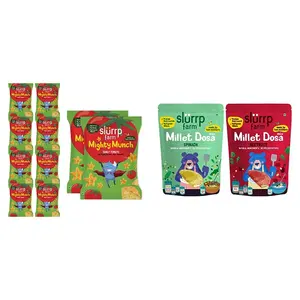 Slurrp Farm Healthy Snacks for Kids | Mighty Puff Tangy Tomato| 10 X 20g Each & Slurrp Farm Millet Dosa Instant Mix 150g (Pack of 2)