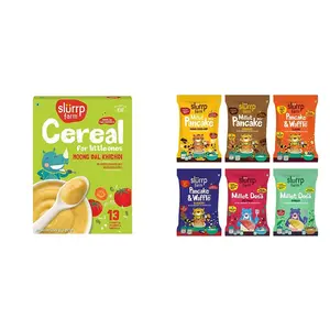 Slurrp Farm Instant Moong Dal Khichdi for Little Ones 200g & Slurrp Farm Healthy Breakfast and Snacks Trial Pack Combo 300g (Pack of 6 50g each)