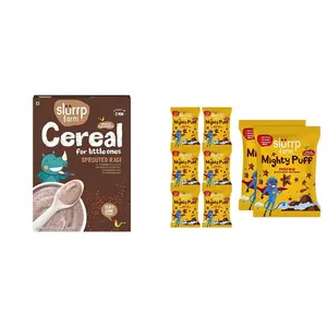 Slurrp Farm Sprouted Ragi Powder | 250g & Slurrp Farm Healthy Snacks for Kids | Mighty Puff Choco Ragi| 8 X 20g Each