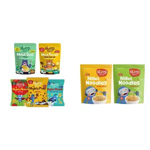 Slurrp Farm Protein Breakfast Combo Pack of 5| Mighty Puff- 3 Flavours- Healthy Snacks Not Fried & Slurrp Farm No Maida Millet Noodles | Pack of 2-192g Each