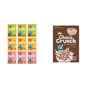 Slurrp Farm Fruit and Vegetable Teething Puffs Baked Puff in Yummy Flavours Pack of 9 & Slurrp Farm Choco Crunch Chocolate Cerealfor Kids | 400 g