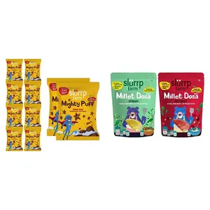 Slurrp Farm Healthy Snacks for Kids | Mighty Puff Choco Ragi| 10 X 20g Each & Slurrp Farm Millet Dosa Instant Mix 150g (Pack of 2)