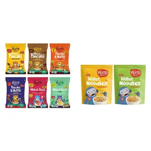 Slurrp Farm Healthy Breakfast and Snacks Trial Pack Combo 300g (Pack of 6 50g each) & Slurrp Farm No Maida Millet Noodles | Pack of 2-192g Each