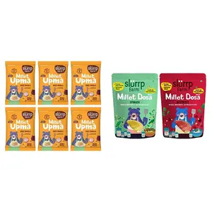 Slurrp Farm Instant Millet Rava Upma Mix- Ghee Masala - Multigrain Breakfast Mix | No Palm Oil | 50g X 6 & Slurrp Farm Millet Dosa Instant Mix 150g (Pack of 2)
