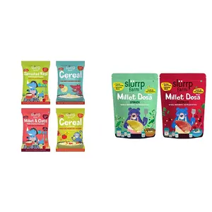 Slurrp Farm No Sugar No Salt First Foods Cereal Trial Pack Combo | | Made with Ragi Oats Jowar Real Fruits Vegetables Dals| 50 g*4 & Slurrp Farm Millet Dosa Instant Mix 150g (Pack of 2)