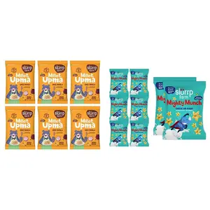 Slurrp Farm Instant Millet Rava Upma Mix- Ghee Masala - Multigrain Breakfast Mix | No Palm Oil | 50g X 6 & Slurrp Farm Healthy Snacks for Kids | Mighty Puff Cheese & Herbs| 8X 20g Each