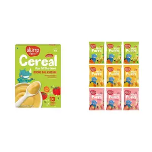 Slurrp Farm Instant Moong Dal Khichdi for Little Ones 200g & Slurrp Farm Fruit and Vegetable Teething Puffs Baked Puff in Yummy Flavours Pack of 9