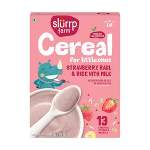 Slurrp Farm Cereal Ragi Rice and Strawberry with Milk Instant Healthy Food NO Added Sugar Mildly Sweetened with Date Powder 200 g