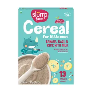 Slurrp Farm Organic No Sugar Baby Cereal | Ragi Rice and Banana with Milk | Instant Healthy Wholesome Food for Babies 200g