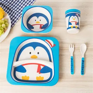 Safe-O-Kid 5 Piece Bamboo Fiber Dinner Set for Kids Eco Friendly Plate - Bowl - Spoon - Fork and Cup Feeding Tableware Meal Set for Toddlers Blue