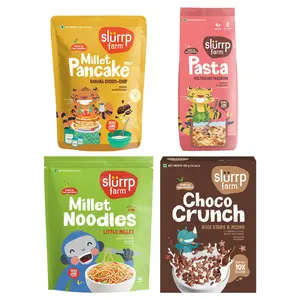 Slurrp Farm Summer Vacation Meal Combo | No Maida | No Preservatives | Healthy Snacks for Kids | Banana Choco-Chip Pancake Macaroni Multigrain Pasta Little Millet Noodles Mighty Crunch (Pack of 4)1.14kg
