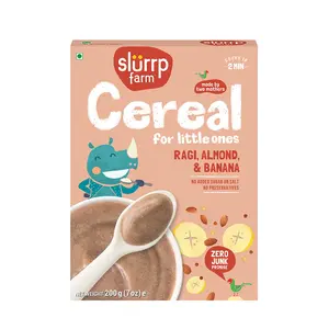 Slurrp Farm No Sugar No Salt Ragi Almond and Banana Cereal | 100% Sprouted Ragi | Healthy Cereal | No Milk | No Preservatives 200g