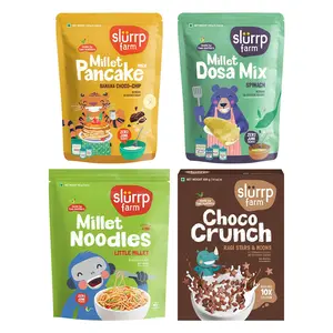 Slurrp Farm Summer Vacation Meal Combo | No Maida | No Preservatives | Healthy Millets | Tasty Kids Snacks | Banana Choco-Chip Pancake Spinach Dosa Little Millet Noodles Mighty Crunch (Pack of 4) 892g