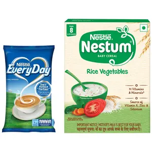 Nestle Everyday Dairy Whitener Milk Powder for Tea 1Kg Pouch & Nestle NESTUM Infant Cereal Stage-2 (8 Months-24 Months) Rice Vegetable - 300g