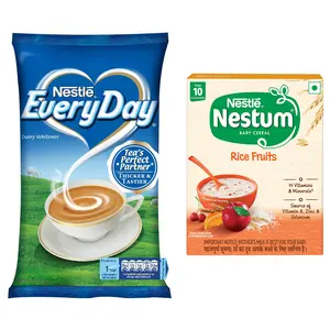 Nestle Everyday Dairy Whitener Milk Powder for Tea 1Kg Pouch & Nestle Nestum Baby Cereal From 10 To 24 Months Rice Fruits 300g Bag-in-Box Pack