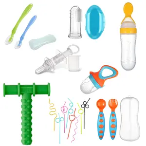 Baby Oral Care and Safety Kit Premium | 8 Pieces 1 Twist Straws 1 Finger Brush 1 Chewy Tube 1 Fruit Nibbler 1 Squeezy Spoon 1 Silicone Spoon with Box 1 Spoon & Fork Set 1 Medicine Feeder - Assorted