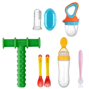 Safe O Kid Baby Oral Care and Safety Kit Standard | 6 Pieces 1 Finger Brush 1 Chewy Tube 1 Medicine Feeder 1 Fruit Nibbler 1 Silicone Spoon 1 Heat Sensitive Spoon & Fork Set - Assorted