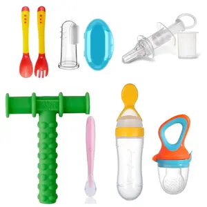 Safe O Kid Baby Oral Care and Safety Kit Advanced | 7 Pieces 1 Finger Brush 1 Chewy Tube 1 Medicine Feeder 1 Fruit Nibbler 1 Squeezy Spoon 1 Silicone Spoon 1 Heat Sensitive Spoon & Fork Set - Assorted