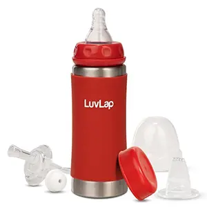 LuvLap 4 in 1 Steel Baby Sipper Made of SS304 Rust Free Steel Heat Protective Silicone Cover BPA Free Odour Free Spout Weighted Straw & Cap Red 3M+ 240ml
