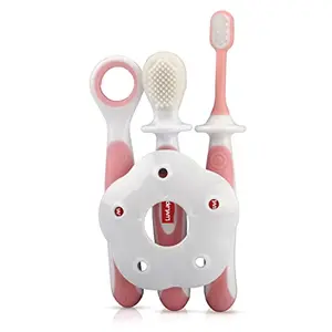 LuvLap Baby Training Toothbrush Set with Anti Choking Shield Teeth Tongue Cleaner Baby Oral Hygiene 3 pcs (White/Pink)