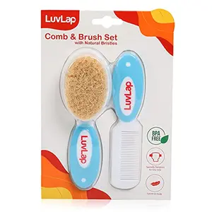 LuvLap Baby Comb with Rounded Tips & Baby Hair Brush with Natural Bristles for Better prrotection of Baby's Scalp (White & Blue)