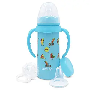 LuvLap 4 in 1 Slim Neck Steel Baby Bottle Cum Sipper with Handle Made ofÂ SS304 Rust Free Steel BPA Free Odour Free Anti Colic Nipple Spout Weighted Straw & Cap Blue 3M+ 240 ml