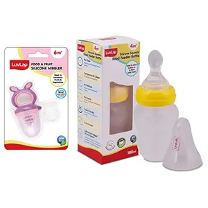 LuvLap Silicone Food/Fruit Nibbler with Extra Mesh Soft Pacifier/Feeder Teether for Infant Baby Infant Bunny Violet & Pink & LuvLap Feeding Spoon with Feeder Bottle 180ml BPA Free
